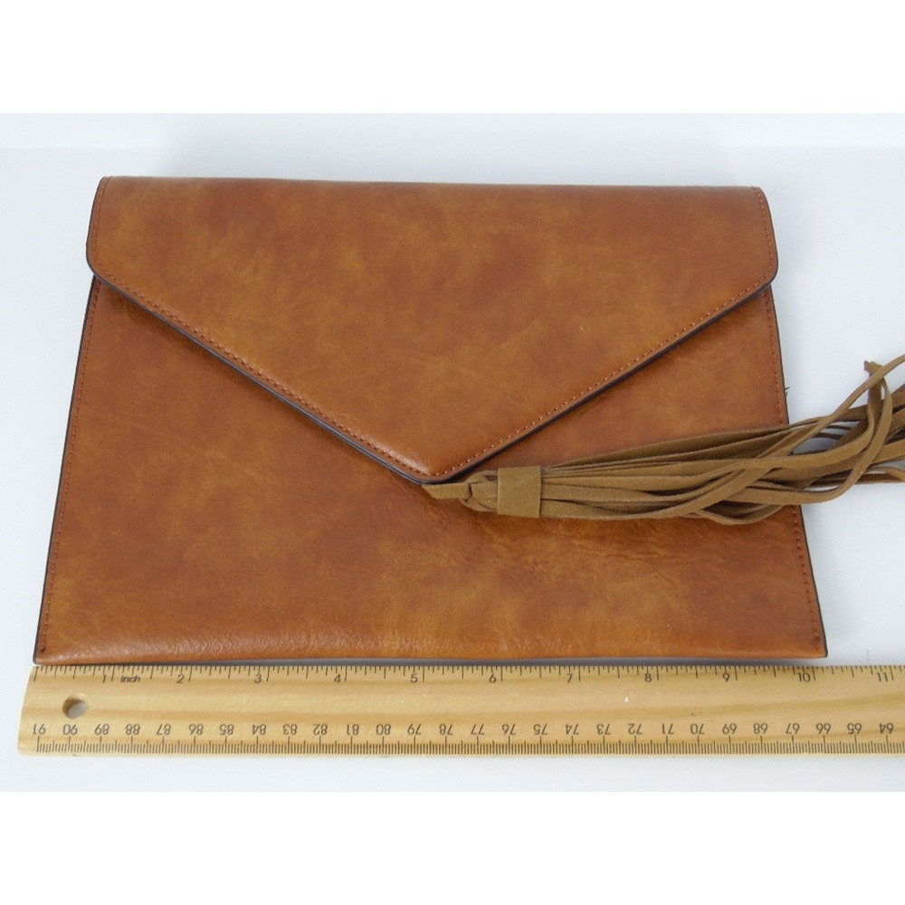 Charleston Bags Brown Leather Envelope Clutch Purse Bag with Tassel Boho Western - Picture 6 of 9